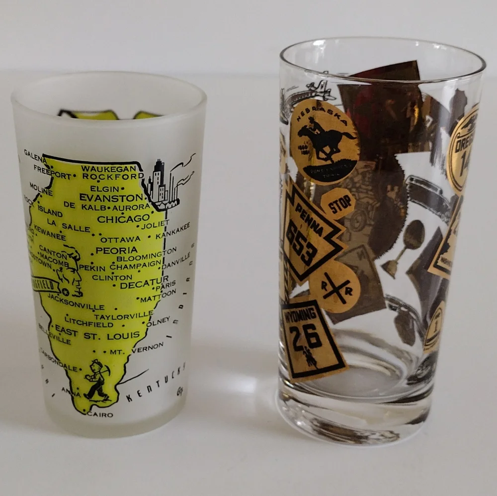 Chicago Road Trip Highball Glass and Hazel Atlas Illinois Frosted Glass